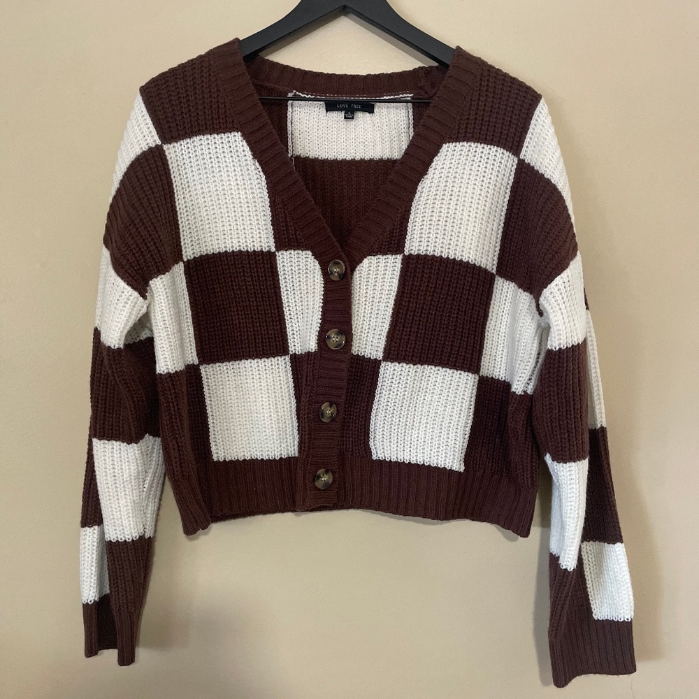 Love Tree Checkered Crop Cardigan | Size Large